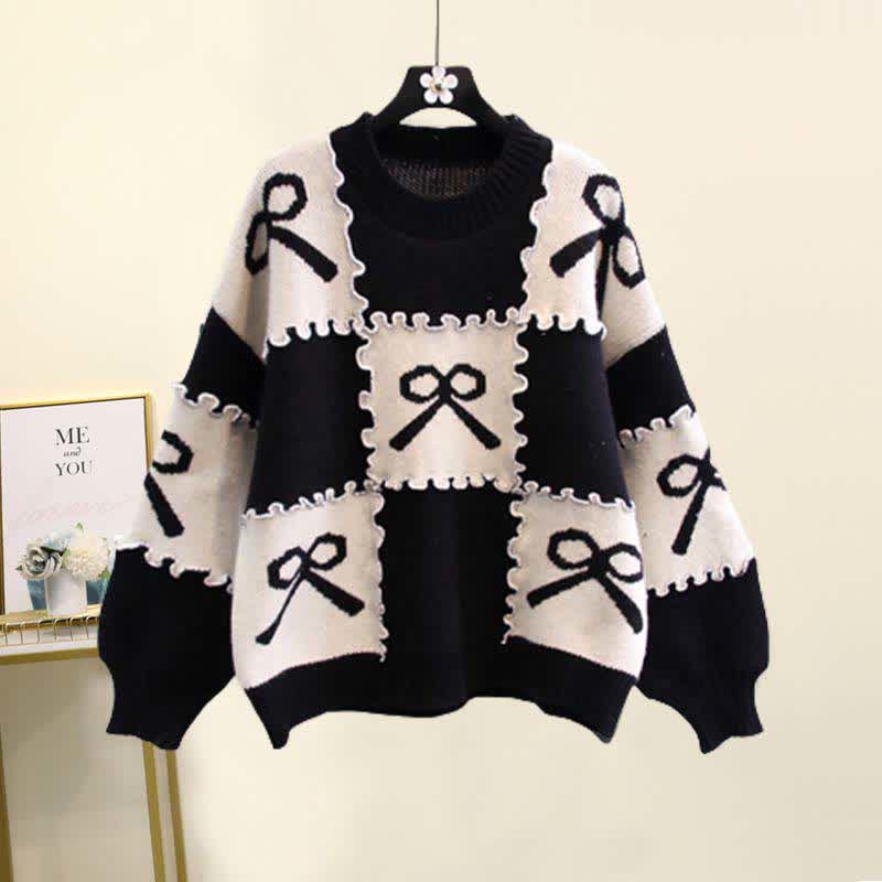 Plaid Knot Skirt Print Sweater Set Pleated Bow