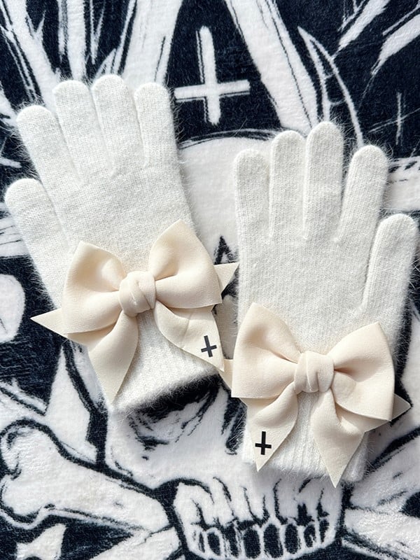 White Gothic Bowknot Cutout Details at Finger Pads Gloves With Black Cross Print