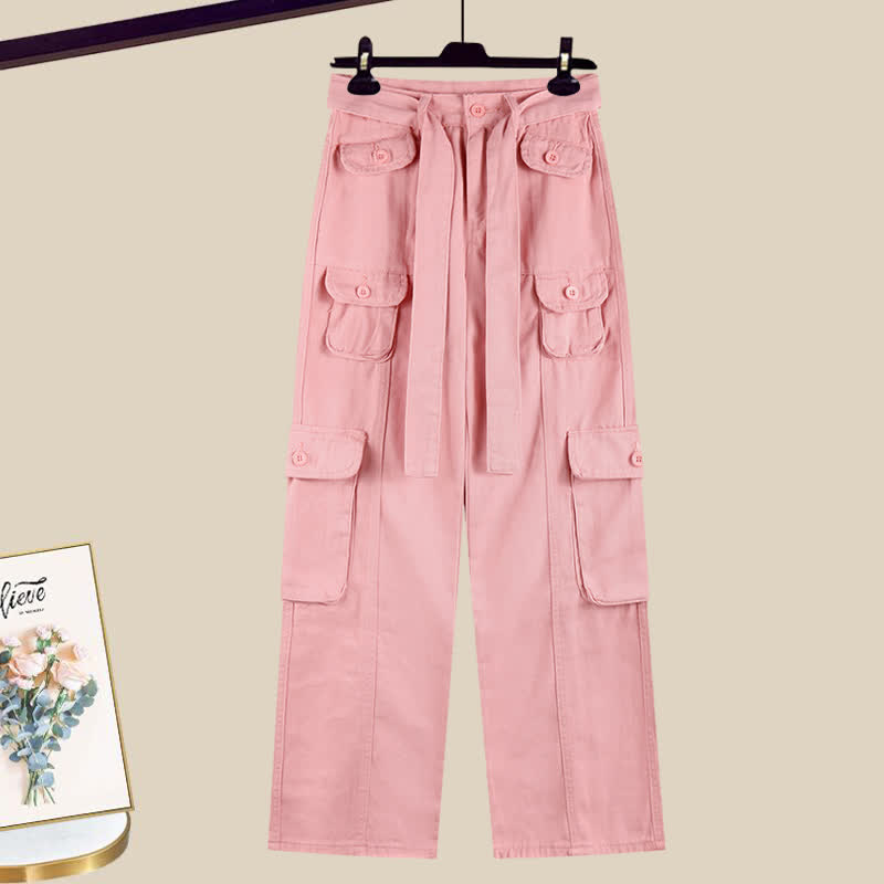 Pink Heart Top Pants T-Shirt Print Love Crop Cargo