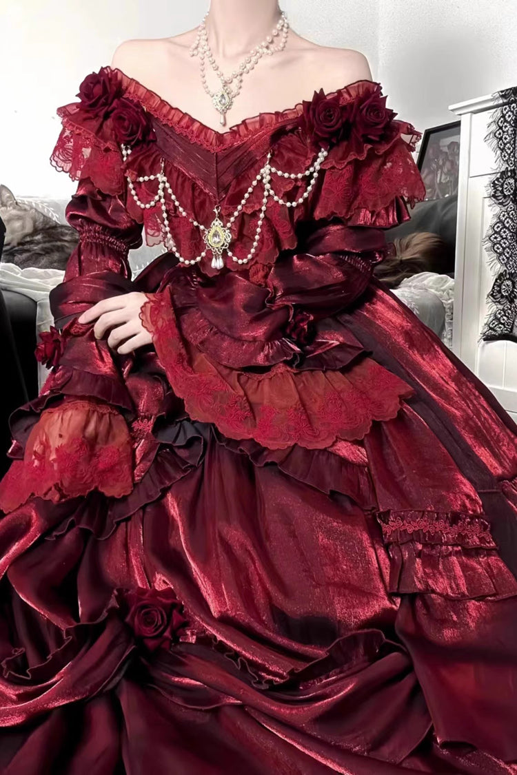 Crimson Tana Manor Rose Long Sleeve Ruffle Bow Elegant Goth Princess Lolita Off-Shoulder Dress