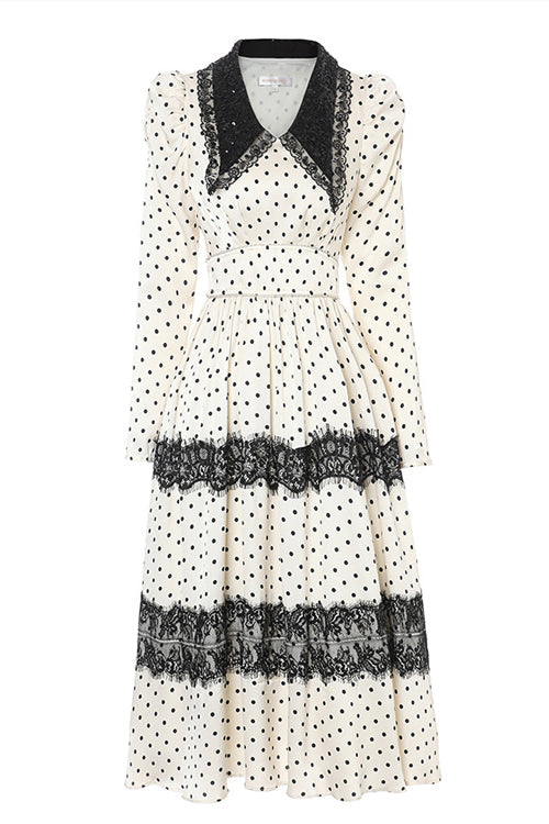 Doll-Collar Vintage Lace Patchwork Polka Dot Print Long-Sleeved High-Waisted Sweet Lolita OP Dress in Beige and Black