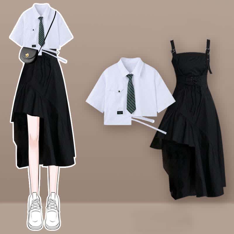 Set Slip Pieces Irregular T-Shirt Lace Two Tie Pocket Up Dress Lapel