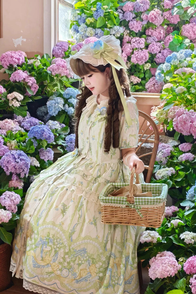 Ivory Green Lily of the Valley Perfume Pearl Candy Tea Doll Collar Short Sleeve Print Lace Plus Sweet Lolita OP