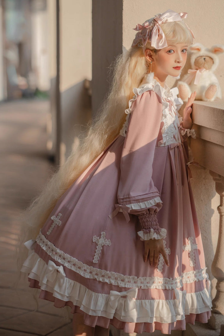 Pink Sweet Lolita Long-Sleeved Lace-Up Tiered Dress with Bowknot