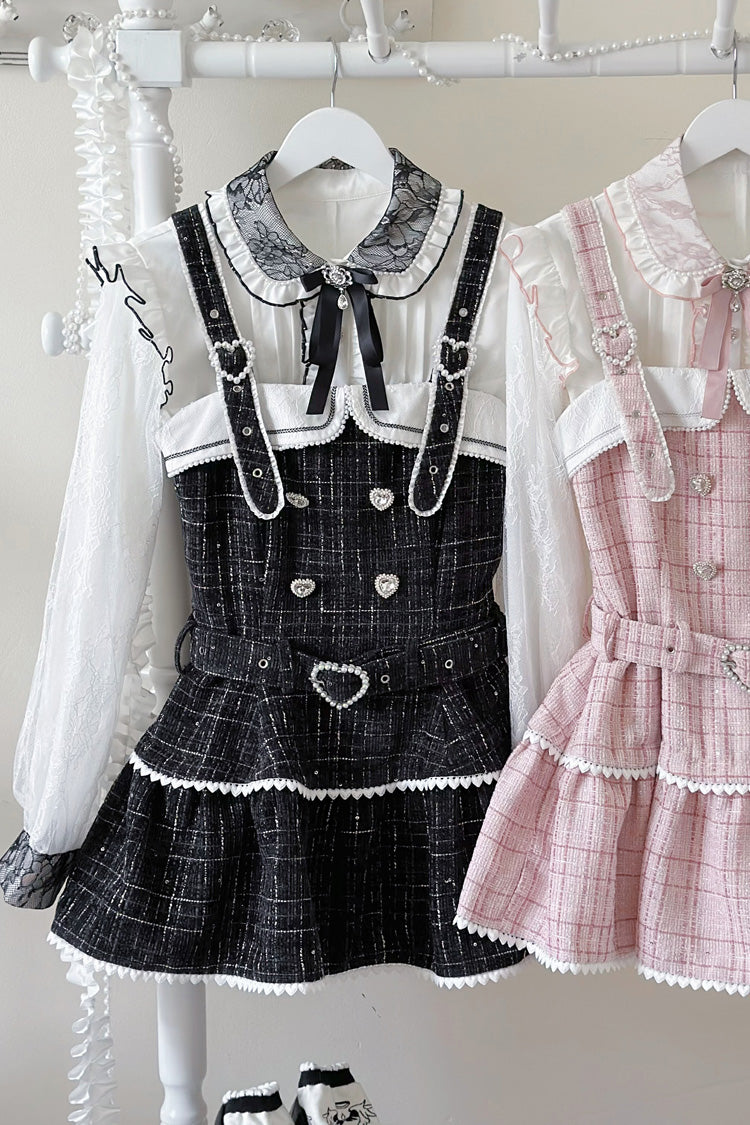 Black Plaid Pearl-Decorated Sweet Japanese Strap Dress Set