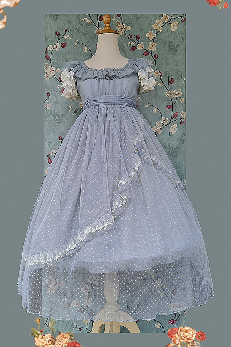 Sax Blue Polka Dot Asymmetric Ruffle Bow Lolita Dress - Moon goddess *Mediana*