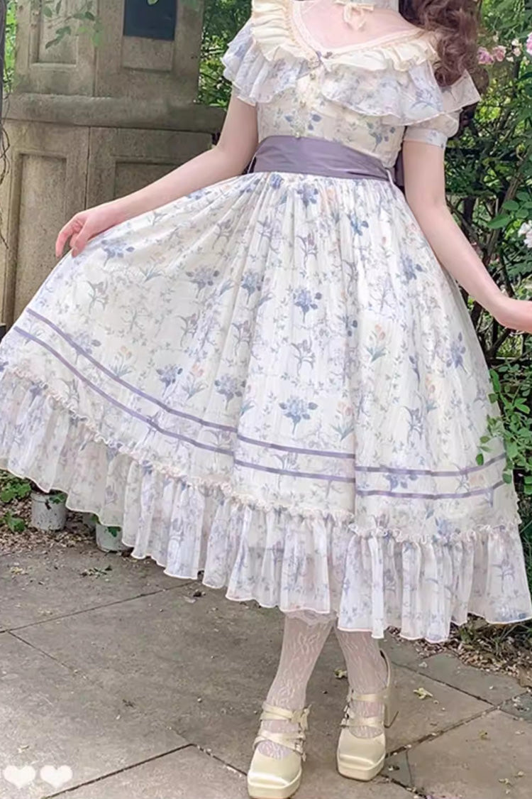 Printed Bow Lace Sweet Elegant Dress - Purple Summer Flower Wall