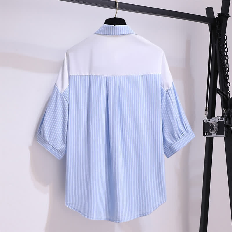 Chic Shorts Pocket Lapel T-Shirt Stripe Denim Ripped