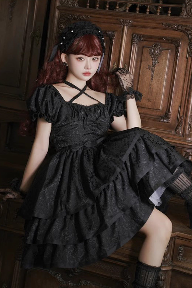 Black Short Sleeve Ruffle Bowknot Dress - Gothic Lolita