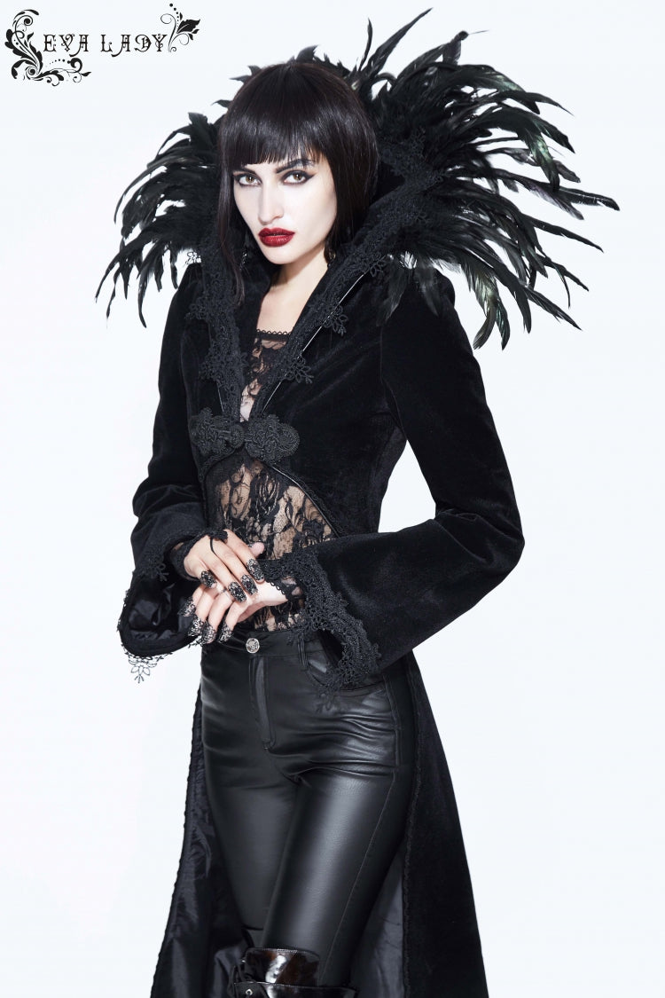 Gothic Tailcoat for Women with Feathered Collar Long Sleeves and Bowknot