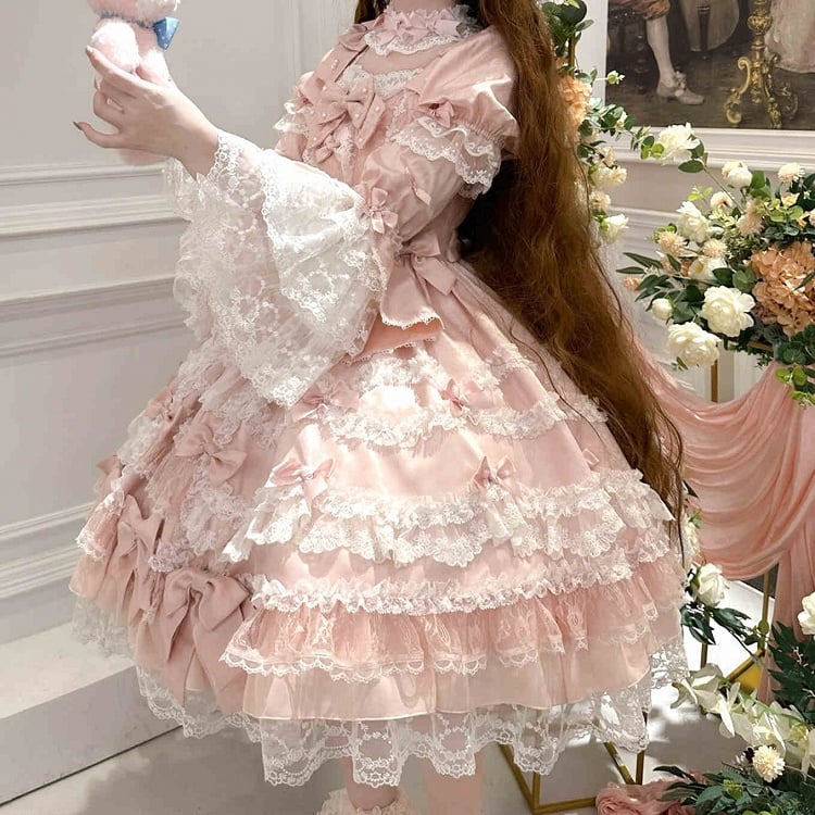 Pink Bow Accents High Waist Sweet Princess Lolita Dress with Detachable Sleeves