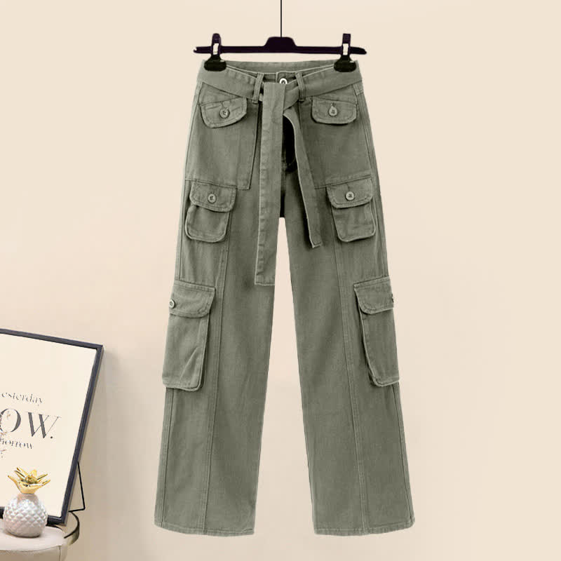 Set Pockets Zipper Lapel Vest Cargo T-Shirt Pants