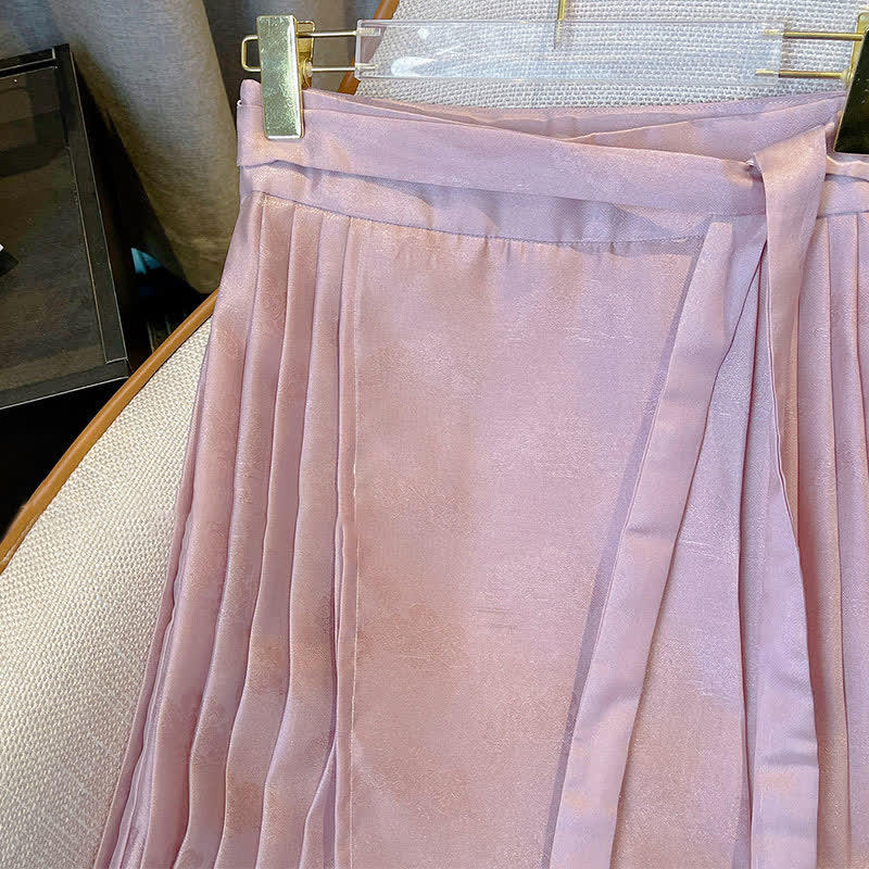 Vintage Embroidery Pink Buckle Crane Hanfu Pleated Skirt Shirt