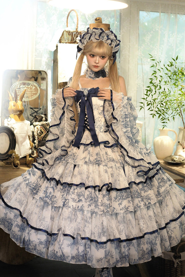 Blue White Sleeveless Multi-Layered Print Bowknot Fishbone Sweet Classic Chinese Style Lolita Jsk Long Dress