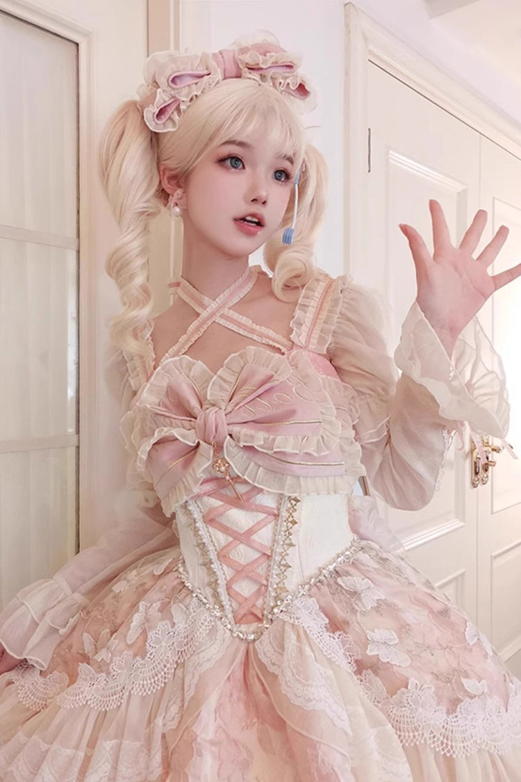 Pink Print Ruffle Cardigan Bow Lace Fishbone Sweet Lolita Gown - Lilibet