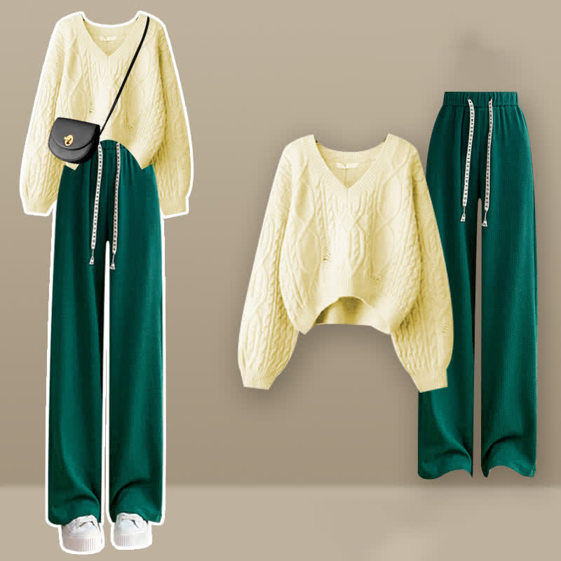 Pieces Knit Pants Two Casual V-neck Sweater Cable