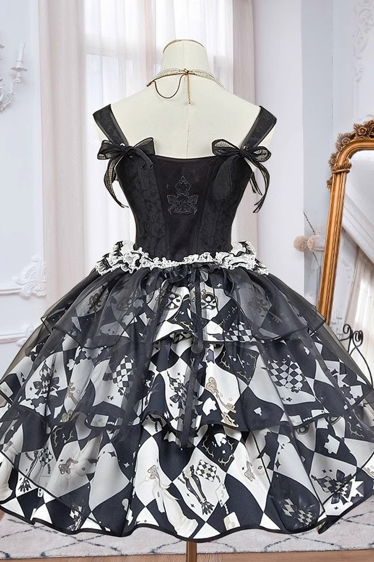Black White Board Games Triple-Layer Print Ruffle Vintage Lolita Skirt