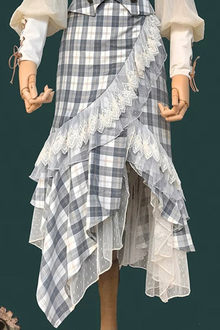 Blue Plaid Traveler Sleeveless Asymmetrical Ruffle Punk Lolita Skirt Set