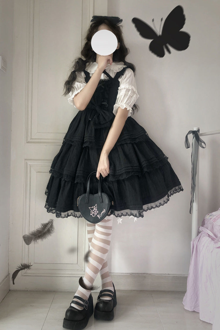 Gothic Lolita JSK Dress with Triple-Layered Ruffles Bowknot and Lace in First Love Theme