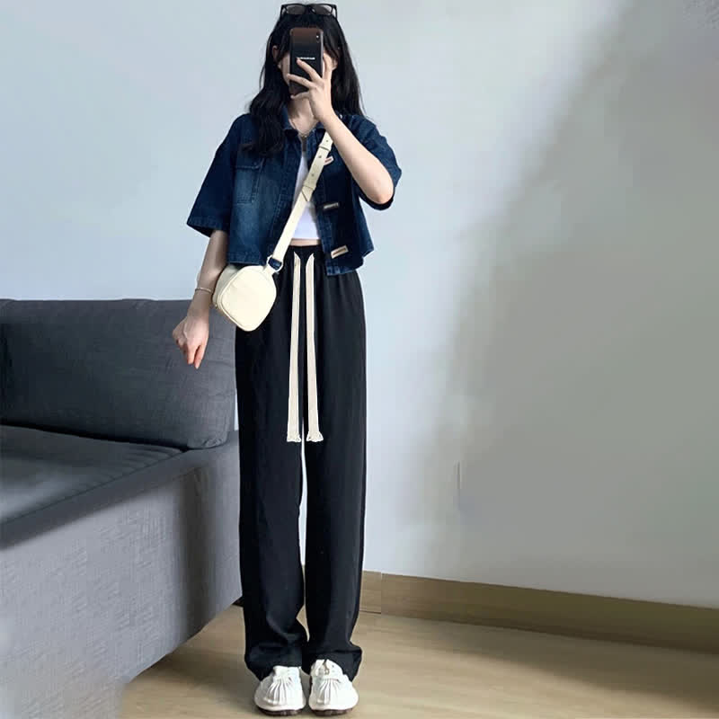 T-Shirt Denim Lapel Pants Set Drawstring