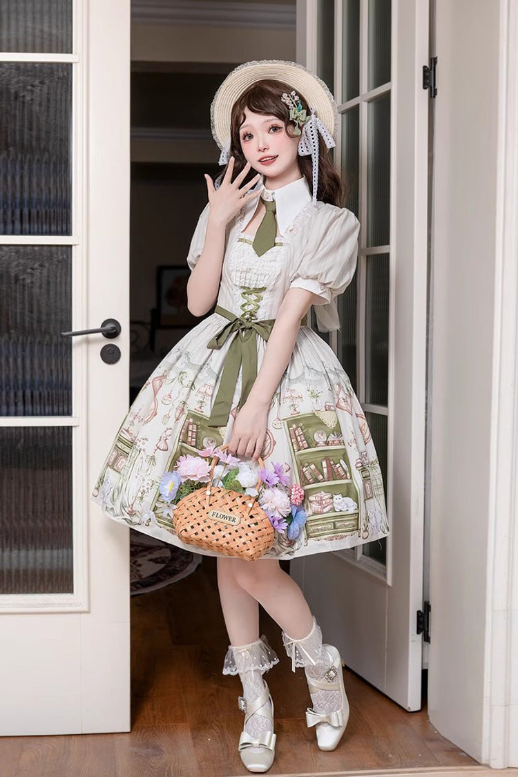 Multi-Color Short Sleeves Book House Print Bow Sweet Princess Lolita Dress