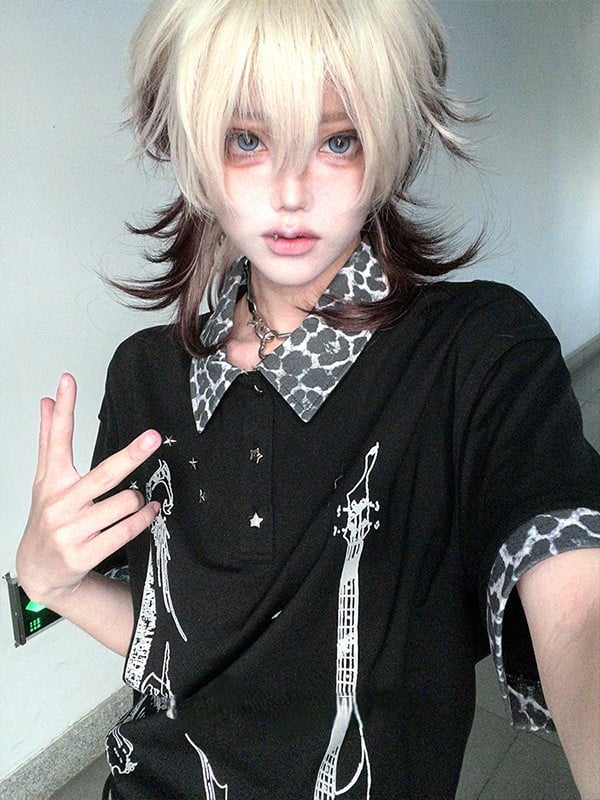 White And Brown Ombre Hair Color 43CM Length Ouji Short Wig With Air Bangs