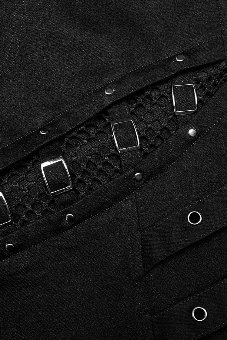 Dark Mesh Buckle-Trimmed Steampunk Pants with Hardware Accents