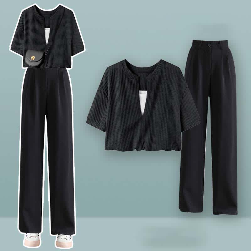 Set Casual Two T-Shirt Top Fake Crop Pieces Pants