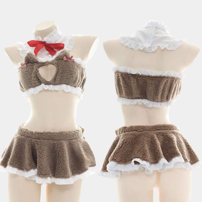 Love Heart Hollow Cat Ears Plush Lingerie Set