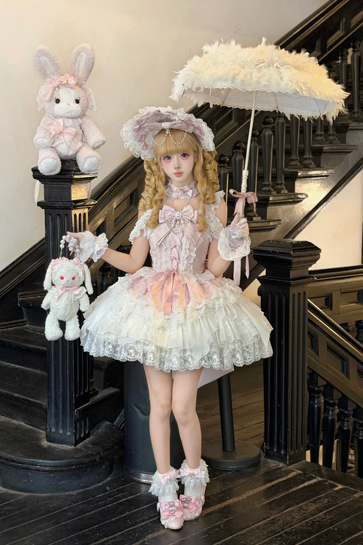 Rose Pearl Ballet Square Neck Sleeveless Layered Ruffles Bow Lace-Up Pearl Decor JSK