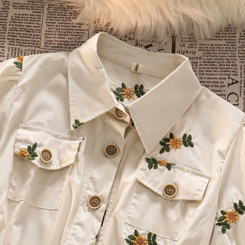 Long Skirt Lapel Floral Embroidery T-Shirt Pocket