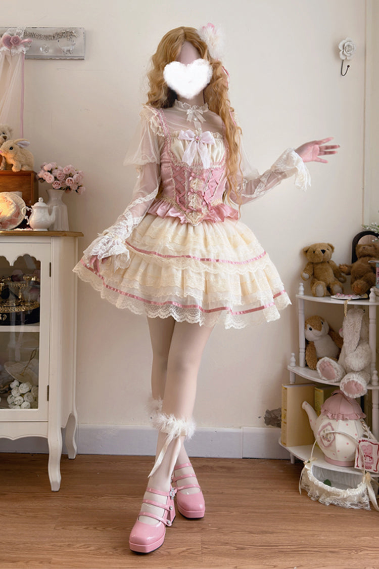 Pink Girl Love Double-Layer Bow Lace Sweet Ballet Lolita Skirt Set
