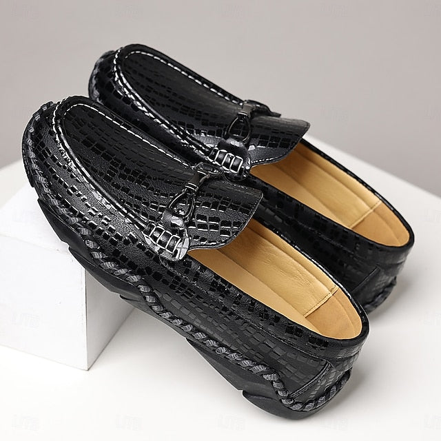 Men’s Black Moc-Toe Driving Loafers – Textured Crocodile