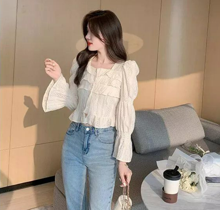 Square Neck Plain Ruffle Trim Blouse