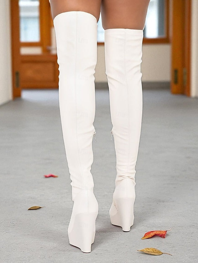 Over Knee Leather - Black Faux Women's Heel Boots Wedge the