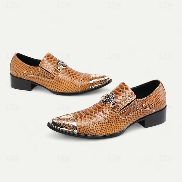 Men's Brown Snake Pattern Leather Slip-On Shoes with Metal