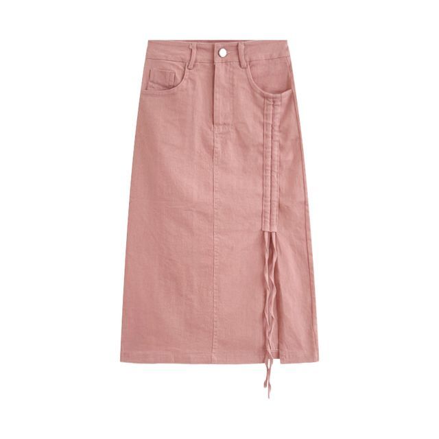 High Waist Drawstring Denim Midi Pencil Skirt EE5