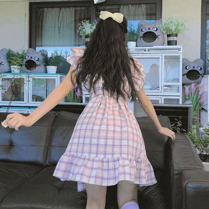 Dolly Kawaii Princess Jfashion Purple Plaid Ruffle Dress - mkkawaiishop