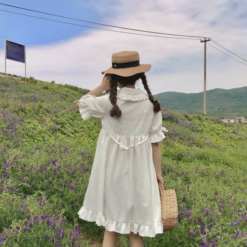 White Blossom Kawaii Princess Lolita Ruffle Dolly Girl Dress - mkkawaiishop