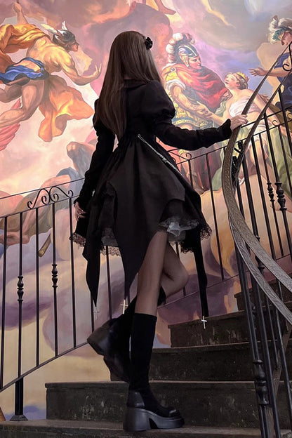 Black Gothic Princess Lolita Dress with High Waist and Ruffled Cardigan