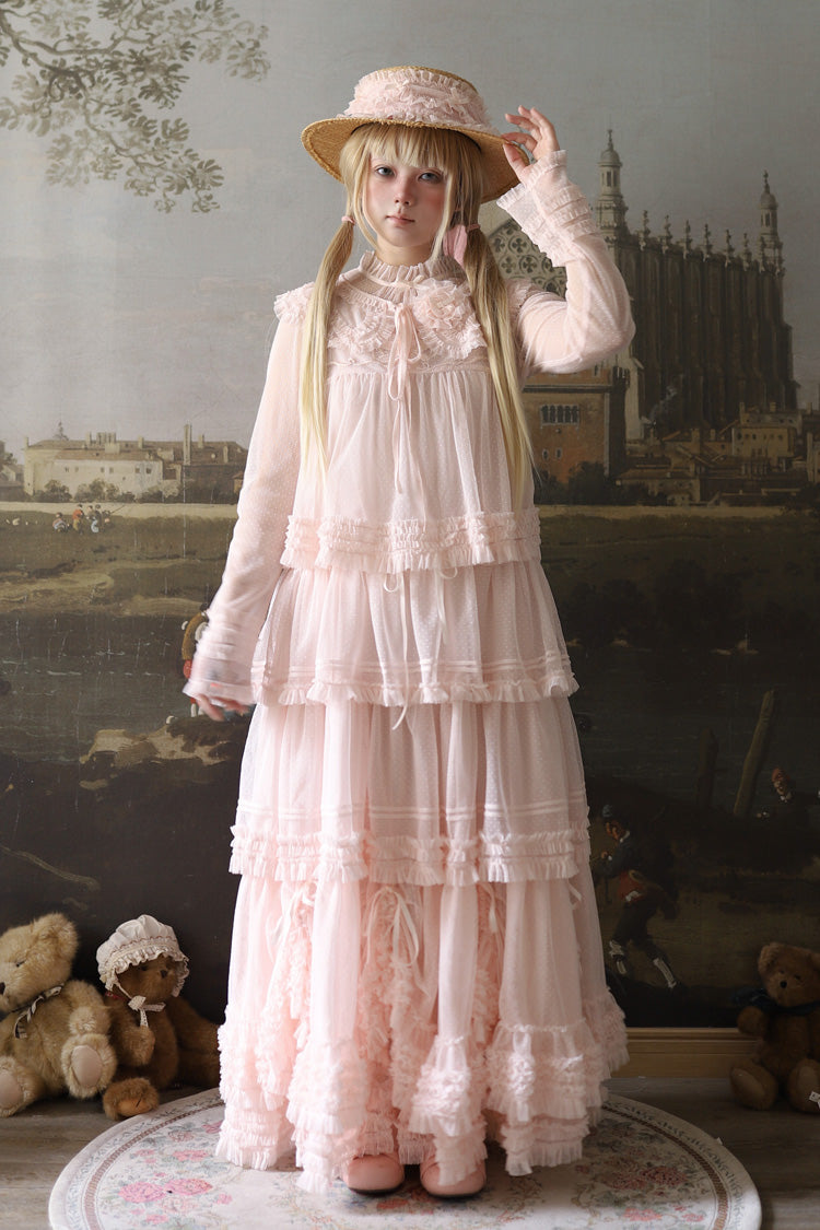 Sweet Stand Collar Long Sleeve Multi Layer Ruffle Color Block Lolita Tiered Dress 14 Colors