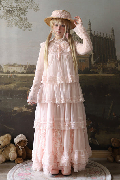 Sweet Stand Collar Long Sleeve Multi Layer Ruffle Color Block Lolita Tiered Dress 14 Colors