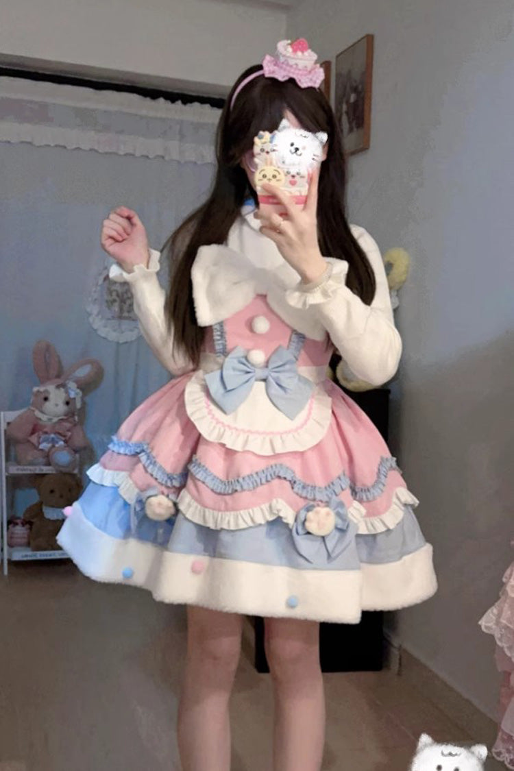 Sweet Lolita Cream Snow Cat Winter Ruffle Bowknot JSK Dress