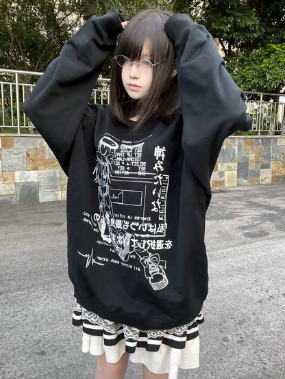 Jirai Kei Black Round Neck Graphic Sweatshirt Yami Kawaii Top