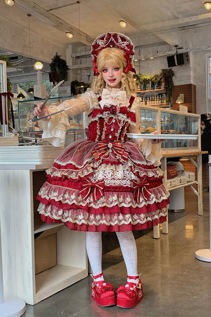 Ruby Gemstone Triple-Layered Bow Lace JSK Dress for Elegant Lolita