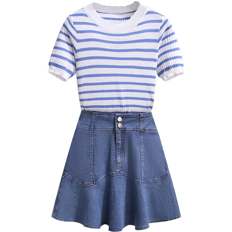 Skirt Stripe High Waist Denim Blue T-Shirt Knitted