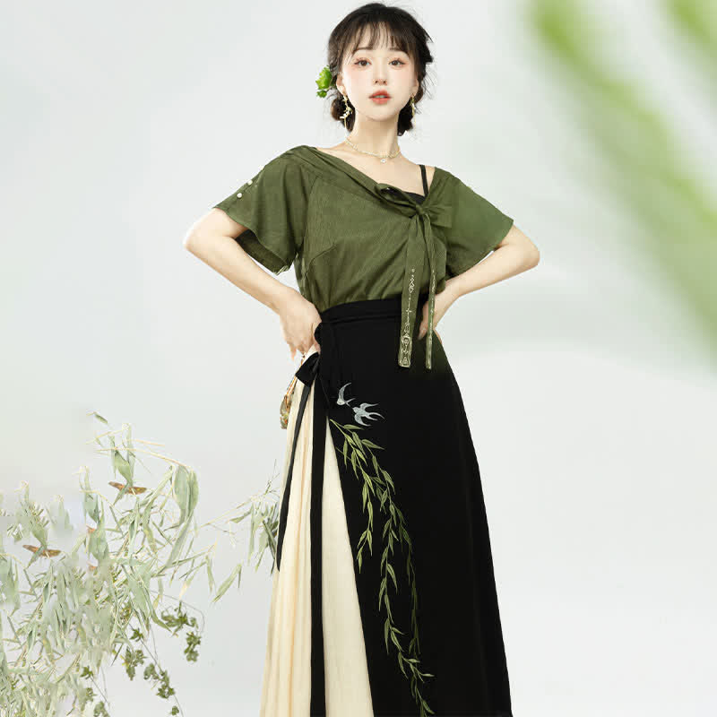 Elegant Salix Leaves Embroidery T-Shirt Cami Top Skirt