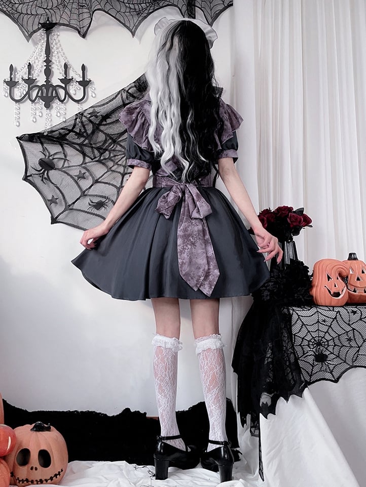 Halloween Costume Dark Maid Black Dress with Purple Apron