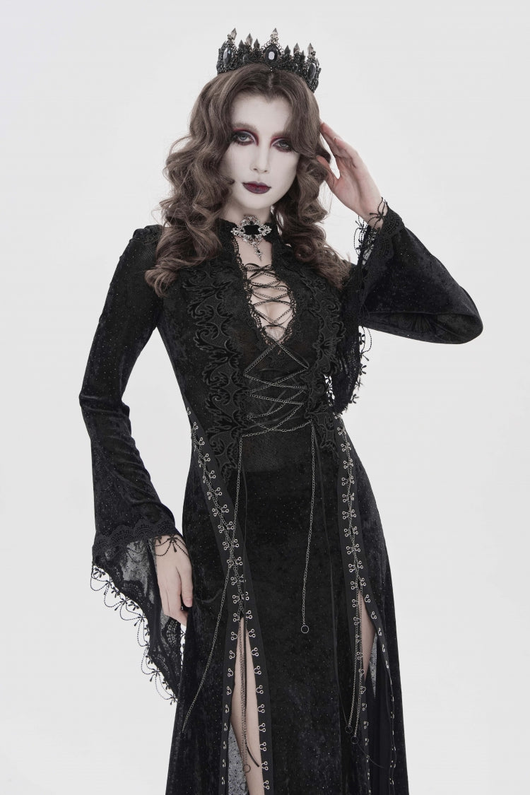 Halterneck Trumpet Sleeve Hanayome Lace Lace-Up Slim Chain Gothic Dress Plunging Split Maxi