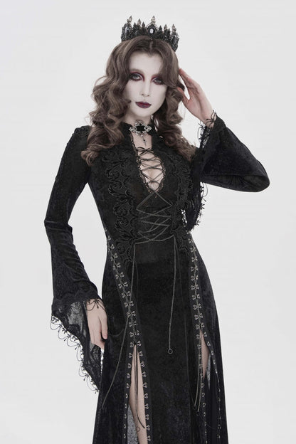 Halterneck Trumpet Sleeve Hanayome Lace Lace-Up Slim Chain Gothic Dress Plunging Split Maxi